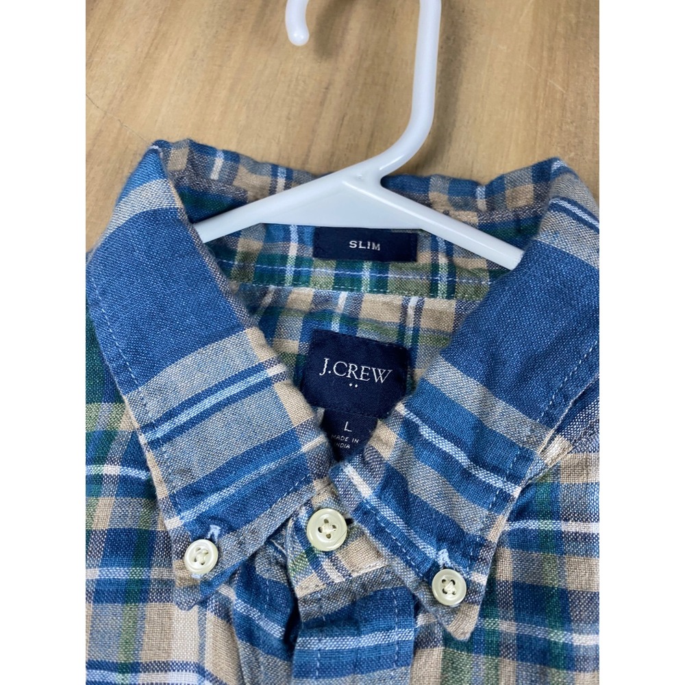 J.Crew Men's Blue Plaid Linen‎ Cotton Shirt Slim Fit Size L Short Sleeve